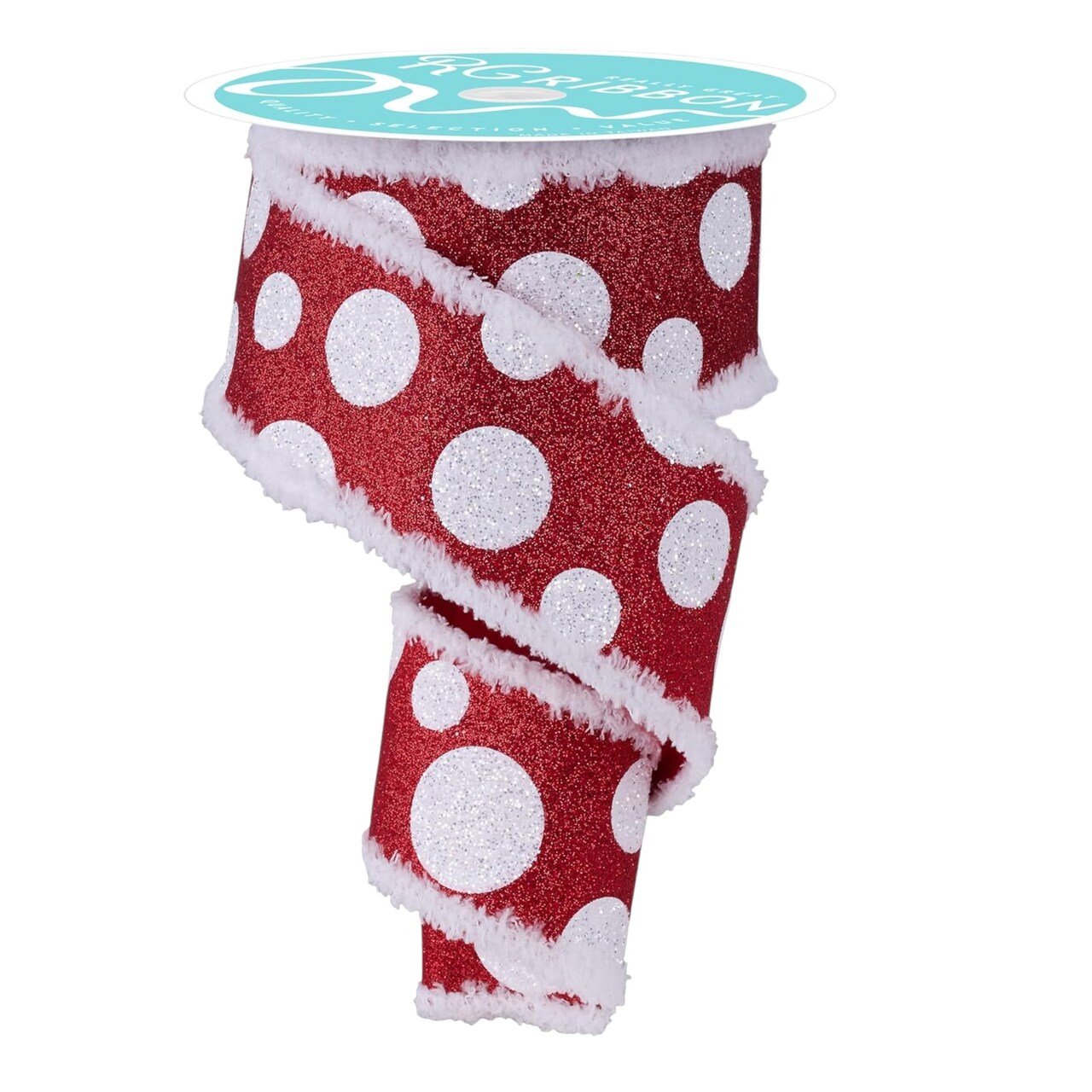 RG Ribbon: 2.5" Red and White Glitter Polka Dot Ribbon with Drift Edges, 10 Yards - For Christmas Bows, Wreaths, Crafts and Decorations